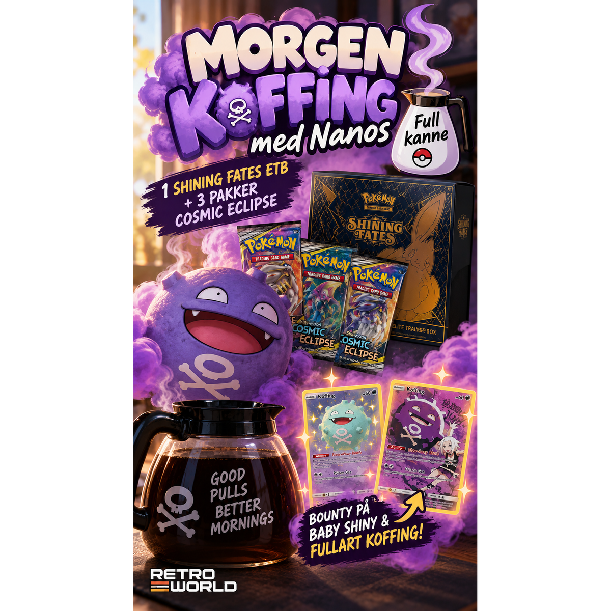 Pokemon - Morgen Koffing med Nanos (3 pakker Cosmic Eclipse og 1 etb Shining Fates)