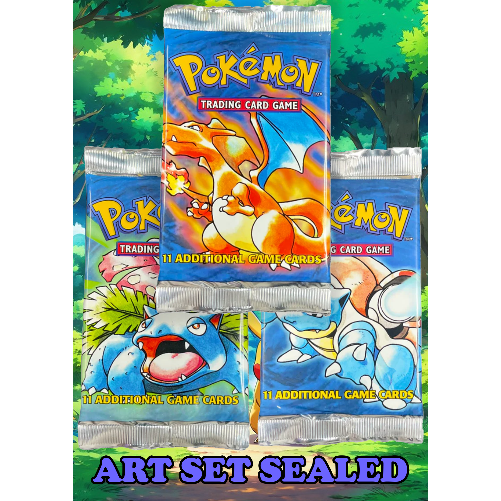 Pokemon - Base Set (UK 4th Print) - 3stk Booster Packs ART SET (TAMPER SEALED) (Box Break ved 10stk solgte packs)